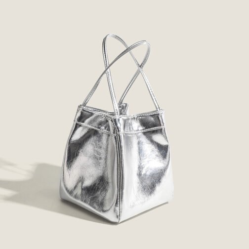 Lunch Box Bag Silver Bright Leather Portable Small Square Bag - Image 3