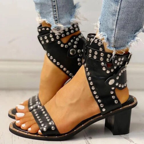 Fashion Rivet Belt Buckle Chunky Heel Sandals For Women – Image 5