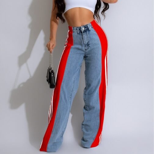 2024 Fashion Casual High Waist Elastic Straight Leg Trousers Three Stripe Patchwork Denim Wide Leg Pants Streetwear - Image 7