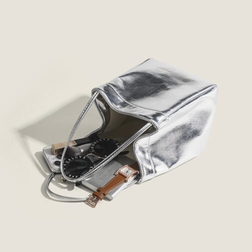 Lunch Box Bag Silver Bright Leather Portable Small Square Bag - Image 5