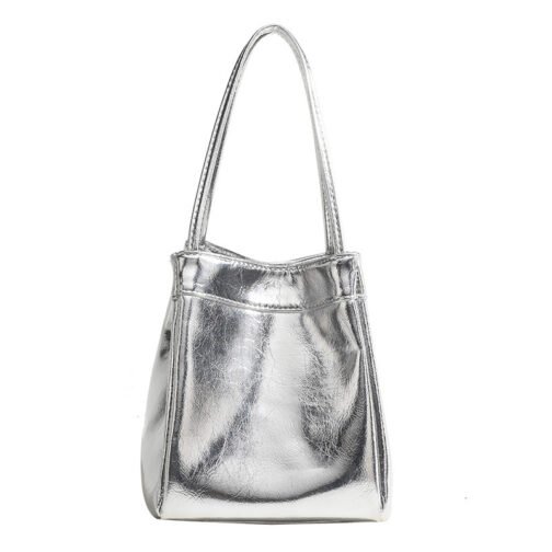 Lunch Box Bag Silver Bright Leather Portable Small Square Bag - Image 2