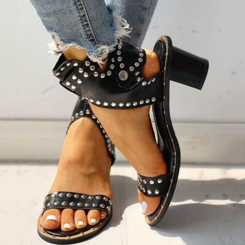 Fashion Rivet Belt Buckle Chunky Heel Sandals For Women – Image 3