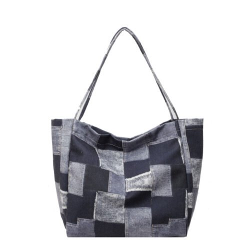 Women's Large Capacity Denim Color-contrast Check Idle Style Shoulder Commute Leisure Handbag - Image 2