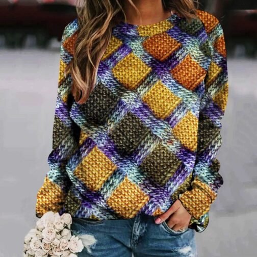 Creative Sweater Printed Patchwork Round Neck Raglan Long Sleeve – Image 4