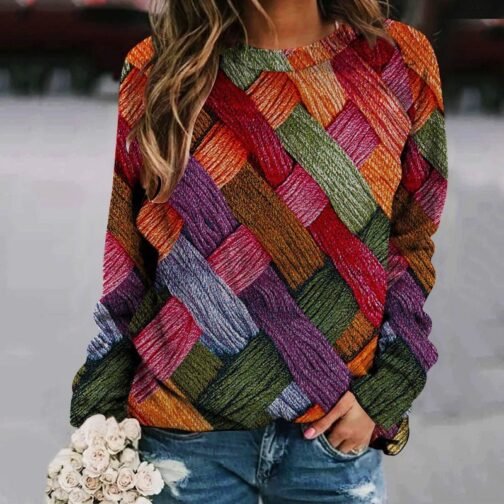 Creative Sweater Printed Patchwork Round Neck Raglan Long Sleeve – Image 7