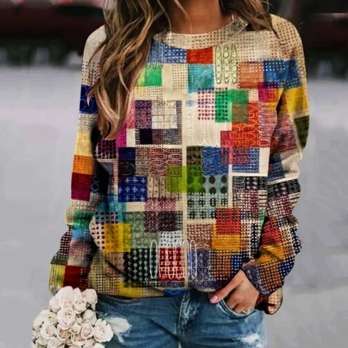 Creative Sweater Printed Patchwork Round Neck Raglan Long Sleeve – Image 3