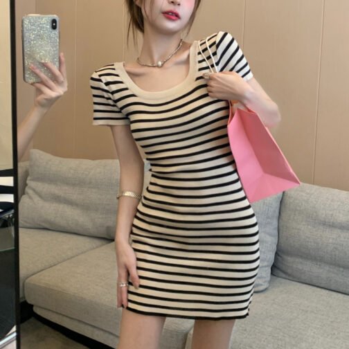 Hot Girl Striped Short Sleeve Dress Women's Summer – Image 6