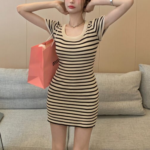 Hot Girl Striped Short Sleeve Dress Women's Summer – Image 3