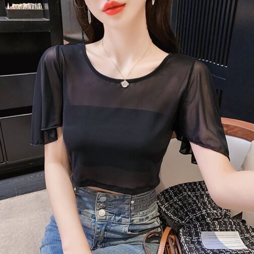 Fashionable All-match Ultra-thin Mesh Base Blouse For Women - Image 5