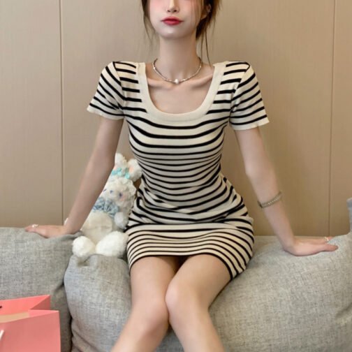 Hot Girl Striped Short Sleeve Dress Women's Summer – Image 4