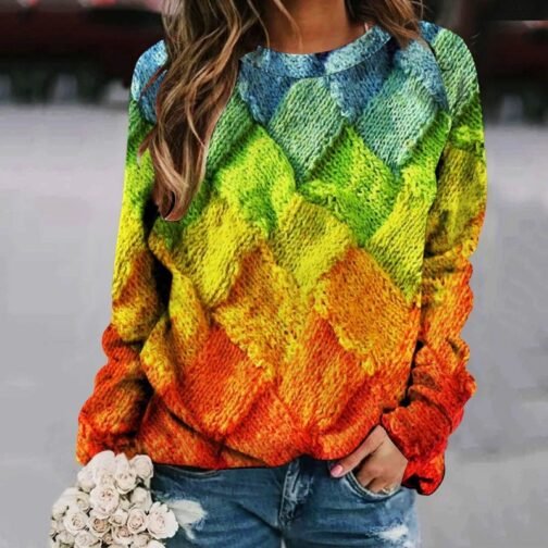 Creative Sweater Printed Patchwork Round Neck Raglan Long Sleeve – Image 6