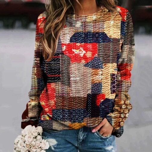 Creative Sweater Printed Patchwork Round Neck Raglan Long Sleeve – Image 2