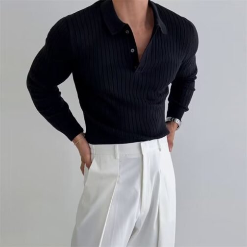 Lapel Button Long Sleeve Polo Shirt Slim Fashion Solid Striped Knitted Bottoming Shirt Top Men's Clothing – Image 5