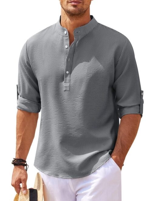 Men's Casual Shirt  Long Sleeve Stand Collar Solid Color Shirt Mens Clothing - Image 7