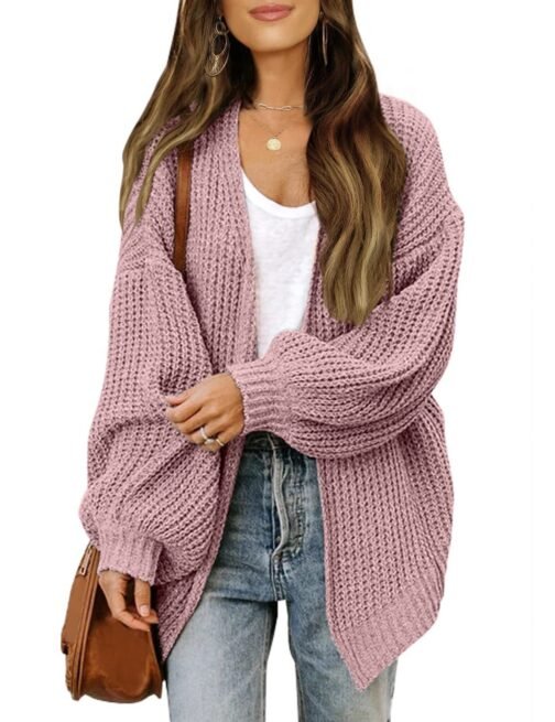 Fashion Lantern-sleeved Sweater With Pockets Casual Loose Solid Knit Cardigan Autumn Tops Womens Clothing - Image 3