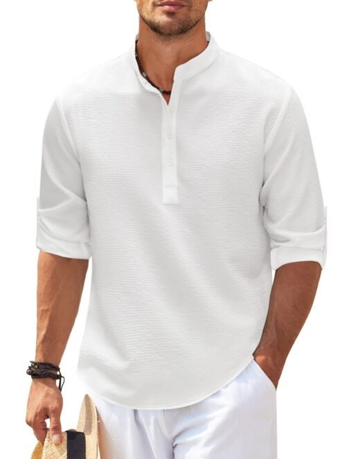 Men's Casual Shirt  Long Sleeve Stand Collar Solid Color Shirt Mens Clothing - Image 8