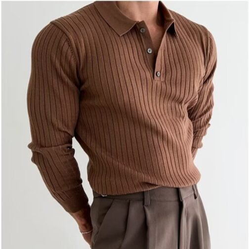 Lapel Button Long Sleeve Polo Shirt Slim Fashion Solid Striped Knitted Bottoming Shirt Top Men's Clothing – Image 2