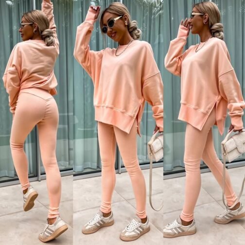 Sweater Suit Women's Casual Loose Long Sleeve Crew Neck Split Top Tight Trousers - Image 2