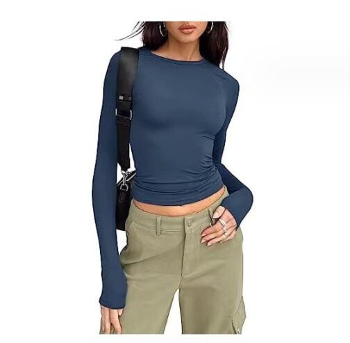 Women's Clothing Fashion Slim Long-sleeved Pullovers Tops Solid Causal Fit Shirts - Image 9