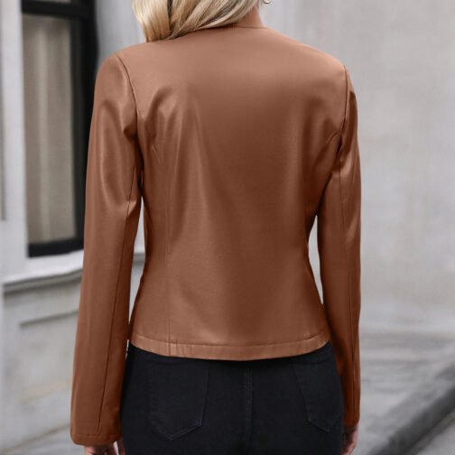 Casual Long-sleeve Solid Color Jacket Motorcycle Leather Coat Tops For Women Outwear - Image 4