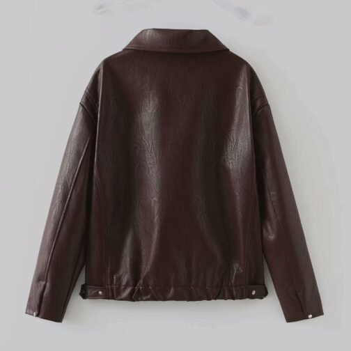 Solid Color Lapel Zipper Jacket Fashion Casual Long Sleeve Leather Coat Tops Women Clothing – Image 8