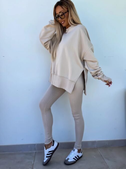 Sweater Suit Women's Casual Loose Long Sleeve Crew Neck Split Top Tight Trousers - Image 7