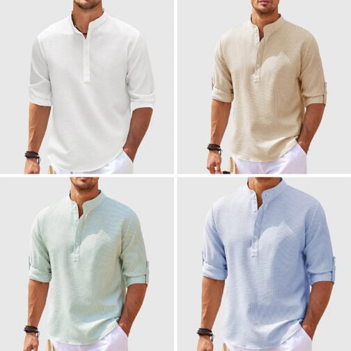 Men's Casual Shirt  Long Sleeve Stand Collar Solid Color Shirt Mens Clothing - Image 4