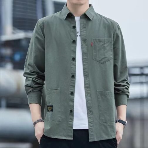 Casual Lapel Long Sleeve Shirt With Pockets Spring And Autumn Jacket Shirt Men's Tops – Image 5