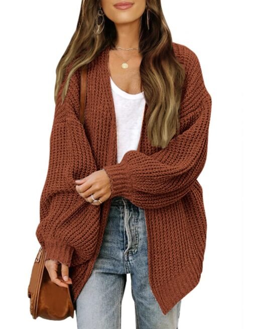 Fashion Lantern-sleeved Sweater With Pockets Casual Loose Solid Knit Cardigan Autumn Tops Womens Clothing - Image 2