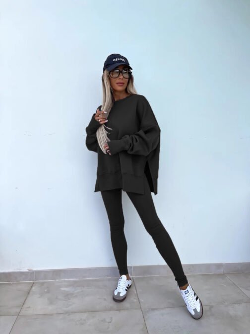 Sweater Suit Women's Casual Loose Long Sleeve Crew Neck Split Top Tight Trousers - Image 6