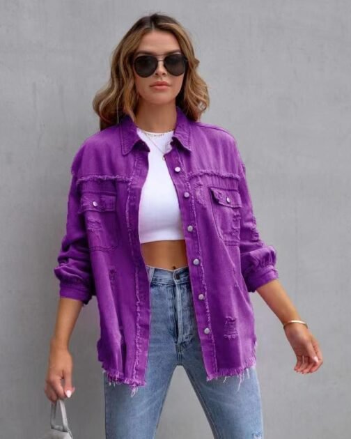 Fashion Ripped Shirt Jacket Female Autumn And Spring Casual Tops Womens Clothing - Image 5