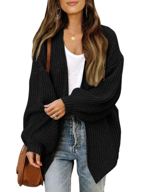 Fashion Lantern-sleeved Sweater With Pockets Casual Loose Solid Knit Cardigan Autumn Tops Womens Clothing - Image 7