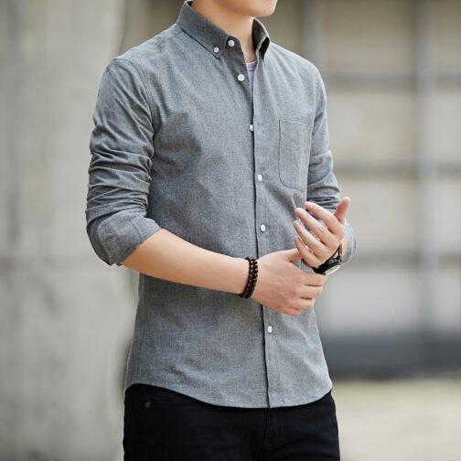 Slim Lapel Long Sleeve Shirt With Pockets Solid Color Casual Men's Clothing – Image 4