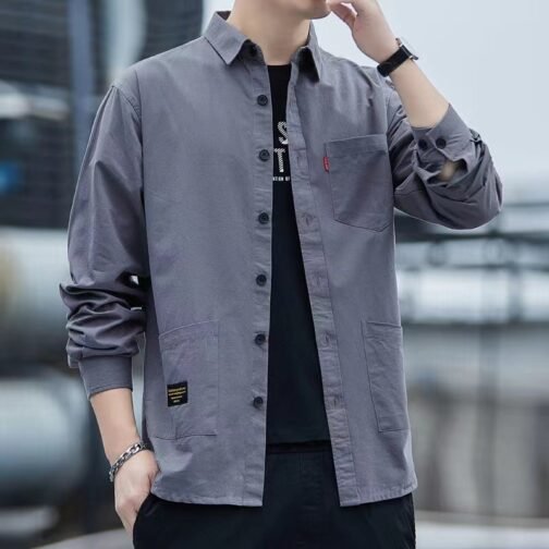 Casual Lapel Long Sleeve Shirt With Pockets Spring And Autumn Jacket Shirt Men's Tops – Image 2